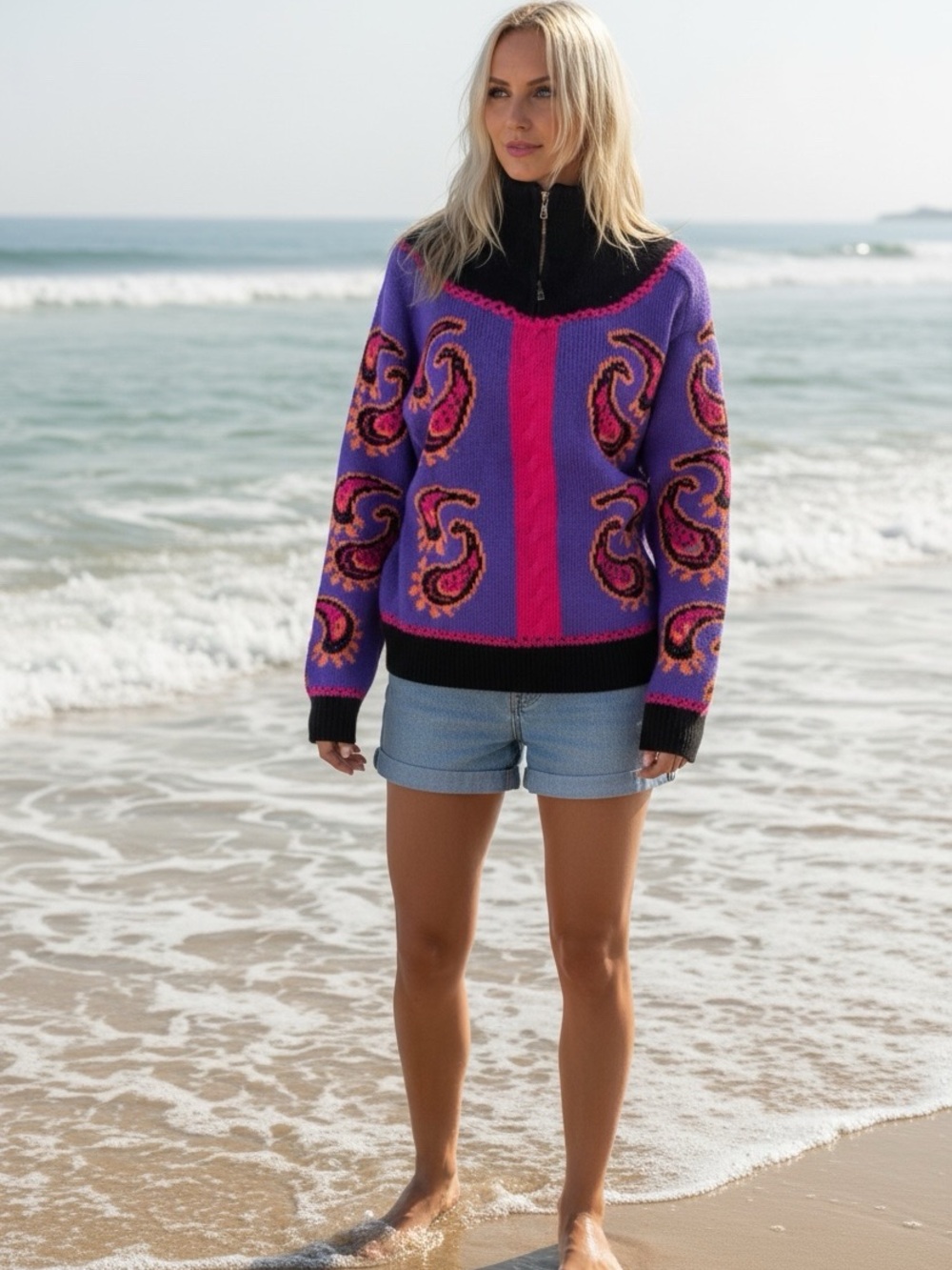 Bogner Purple & Pink Paisley Zip-Neck Sweater
